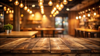Poster - Rustic wooden table in a dimly lit establishment with warm lighting and blurred background of cozy interior