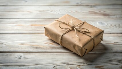 Poster - A simply wrapped gift rests on a rustic wooden surface, conveying a sense of anticipation and thoughtful presentation.