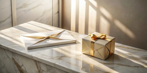 Wall Mural - Elegant gift presentation with a gold ribbon and an envelope on a marble surface bathed in sunlight