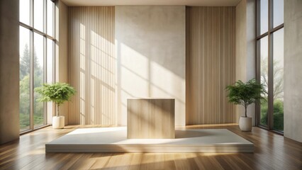 Aufkleber - Serene Minimalist Interior with Wooden Display Platform and Potted Plants Basking in Sunlight