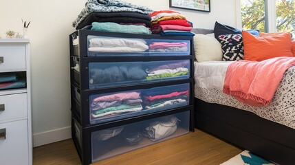 Sticker - Bedroom with large plastic drawers for storing clothes and bedding