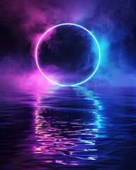 Wall Mural - Neon circle with smoke and water reflections for web design, advertisement, and social media