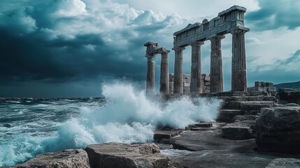 Canvas Print - Ancient temple, stormy sea, Greece, dramatic waves