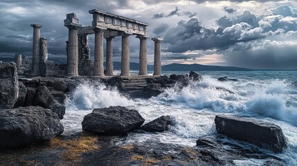 Wall Mural - Stormy sea crashing against ancient temple ruins