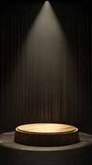 Wall Mural - circular podium on the stage, illuminated by a spotlight from above, surrounded in darkness. The platform is made of solid wood and has an elegant golden finish