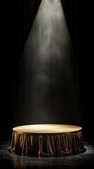 Wall Mural - circular podium on the stage, illuminated by a spotlight from above, surrounded in darkness. The platform is made of solid wood and has an elegant golden finish