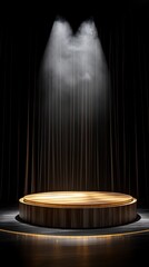 Wall Mural - circular podium on the stage, illuminated by a spotlight from above, surrounded in darkness. The platform is made of solid wood and has an elegant golden finish