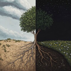 Wall Mural - A split scene showing the left side with dry, barren land and right half greenery under dark sky, representing environmental change.