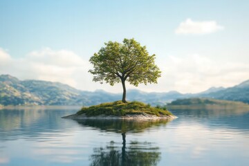 Wall Mural - A tree growing on an island in the middle of a body of water, symbolizing nature's growth and sustainability, for World Wildlife Day.