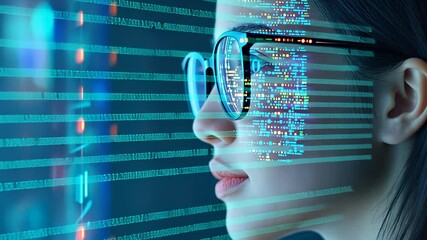 Woman programmer wearing futuristic glasses with source code displayed on her face, representing innovation in software engineering background video 4k