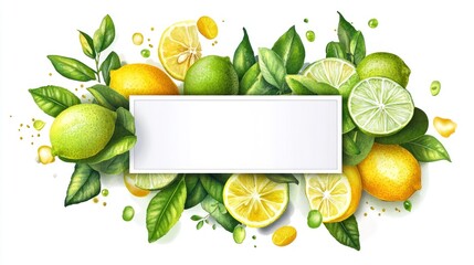 Wall Mural - Lemons limes leaves banner, fresh citrus fruits, food background, recipe design