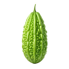 single green bitter melon isolated on a white background. The fruit has a distinctive bumpy and ridged skin, with a vibrant green hue.