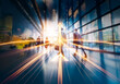© YiuCheung - Commercial Hong Kong scene depicting fast-paced business with motion blurred figures and golden light streaks suggesting progress.