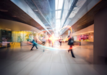 Poster - Busy commercial scene in Hong Kong. People move through a modern business space, suggesting fast-paced urban life and commerce.