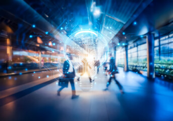 Fototapete - Commercial Hong Kong scene with blurred figures walking in a business setting. A bright lightbulb graphic overlay represents ideas and innovation in a commercial environment.