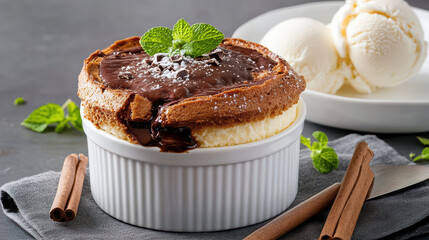 Canvas Print - delicious molten chocolate souffle topped with mint leaves, served with ice cream