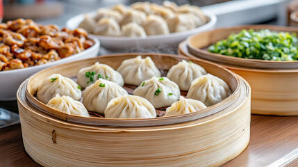 Poster - Steaming hot dumplings served in bamboo baskets, delicious and inviting