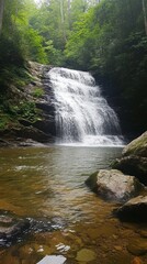 Wall Mural - cascading waterfall, surrounded by lush greenery and moss-covered rocks, creates an enchanting natural scene. The water is crystal clear with soft ripples as it flows down the rocky surface