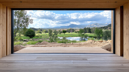 Wall Mural - serene view of landscape through large window, showcasing greenery and mountains