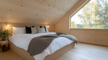 Wall Mural - Cozy minimalist loft bedroom with large window and natural light