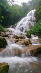 Wall Mural - cascading waterfall, surrounded by lush greenery and moss-covered rocks, creates an enchanting natural scene. The water is crystal clear with soft ripples as it flows down the rocky surface