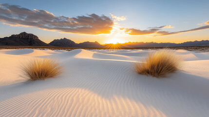 Wall Mural - dramatic desert sunset with long shadows stretching across white sand dunes