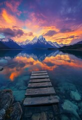 Wall Mural - The view at sunset, with snow-capped mountains reflected in the crystal clear water and an old wooden pier leading out into the calm water.