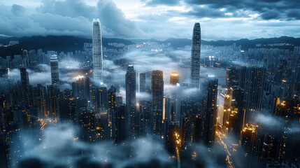 Sticker - stunning cityscape featuring futuristic skyscrapers amidst clouds and fog