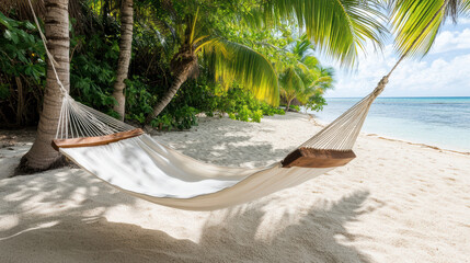 Sticker - hammock tied between two palm trees, gently swinging on sandy beach