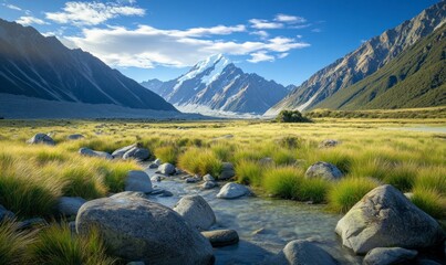 Wall Mural - Beautiful landscape photograph, with rocks and green grass on both sides, mountains in the background, a blue sky, and bright sunlight providing natural lighting.