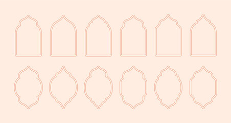 Wall Mural - Set of linear oriental window frames. Islamic traditional arches and mosque doors. Vector illustration