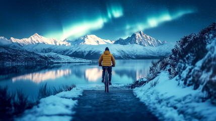 A man riding a bicycle with Northern lights aurora borealis green and blue with snow mountains at night, In Scandinavia Country Winter Season, North pole, Northern Europe, Landscape 