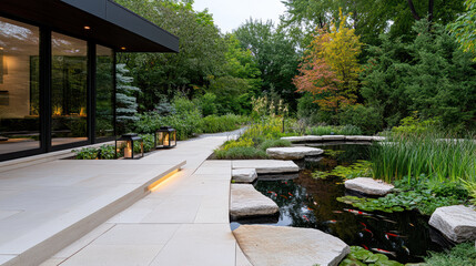 Wall Mural - tranquil garden featuring koi pond, stone lanterns, and lush greenery