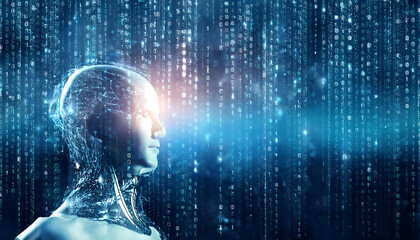 cyber ai robot with binary code