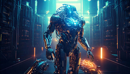 cyber ai robot with binary code