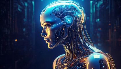 cyber ai robot with binary code