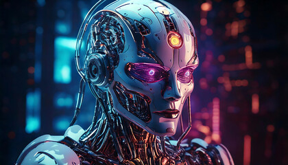 cyber ai robot with binary code