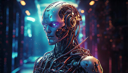 cyber ai robot with binary code