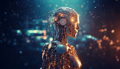 cyber ai robot with binary code