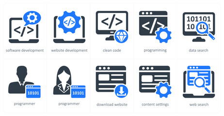 A set of 5 seo icons as software development, website development, clean code
