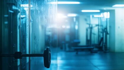 Wall Mural - Blurred background of Empty gym, focus on equipment and interior design