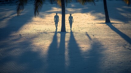 Canvas Print - Couple strolling sunset beach, palm trees, long shadows, romantic travel