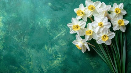 Wall Mural - bunch of white daffodils on an emerald green background, representing spring and new beginnings. Web banner with copy space on the right