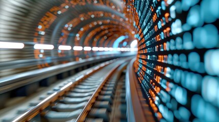 Wall Mural - abstract view of a curved train tunnel with colorful lights and blurred motion effect on the metalli
