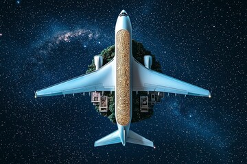 Wall Mural - airplane carrying a miniature world in space sustainable travel concept