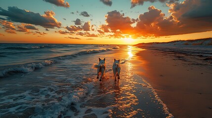 Canvas Print - Dogs running beach sunset ocean waves golden hour