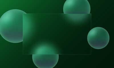 Wall Mural - dark emerald background and spheres with a rectangular plate of transparent material in the center, 