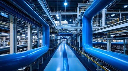 Wall Mural - A large industrial building with blue pipes and a blue ceiling. The pipes are connected to a large machine