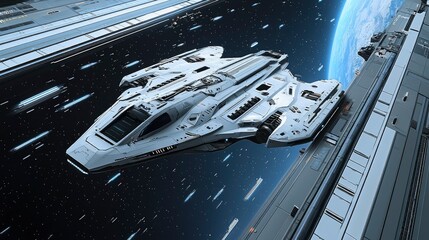 Wall Mural - futuristic spaceship approaching space station over earth
