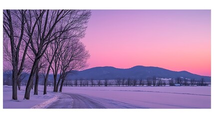 Canvas Print - Pink sunrise over snowy road, winter trees, distant mountains; idyllic landscape